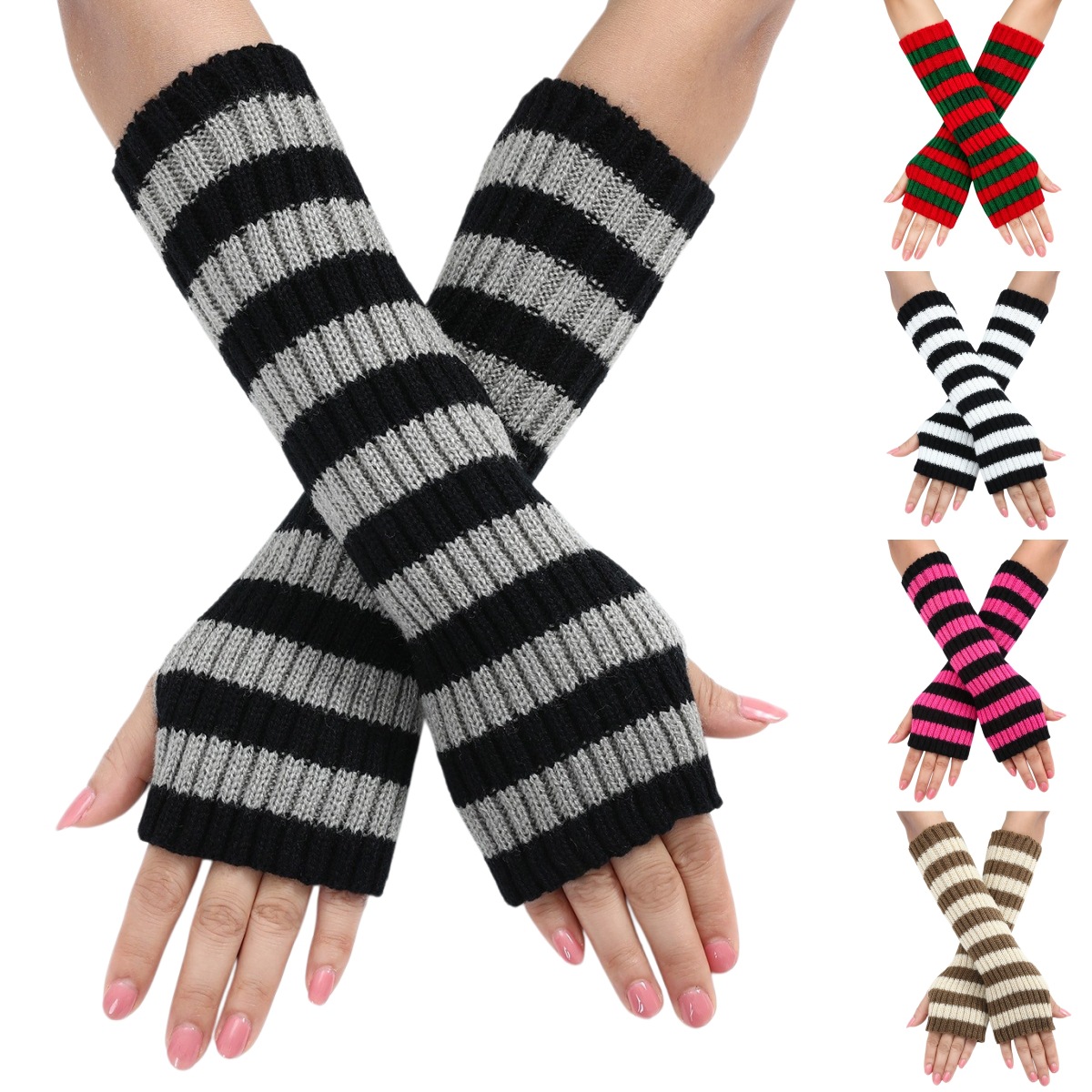 Fingerless Glove Knit - Manchons sans doigts rayés Y2K pour